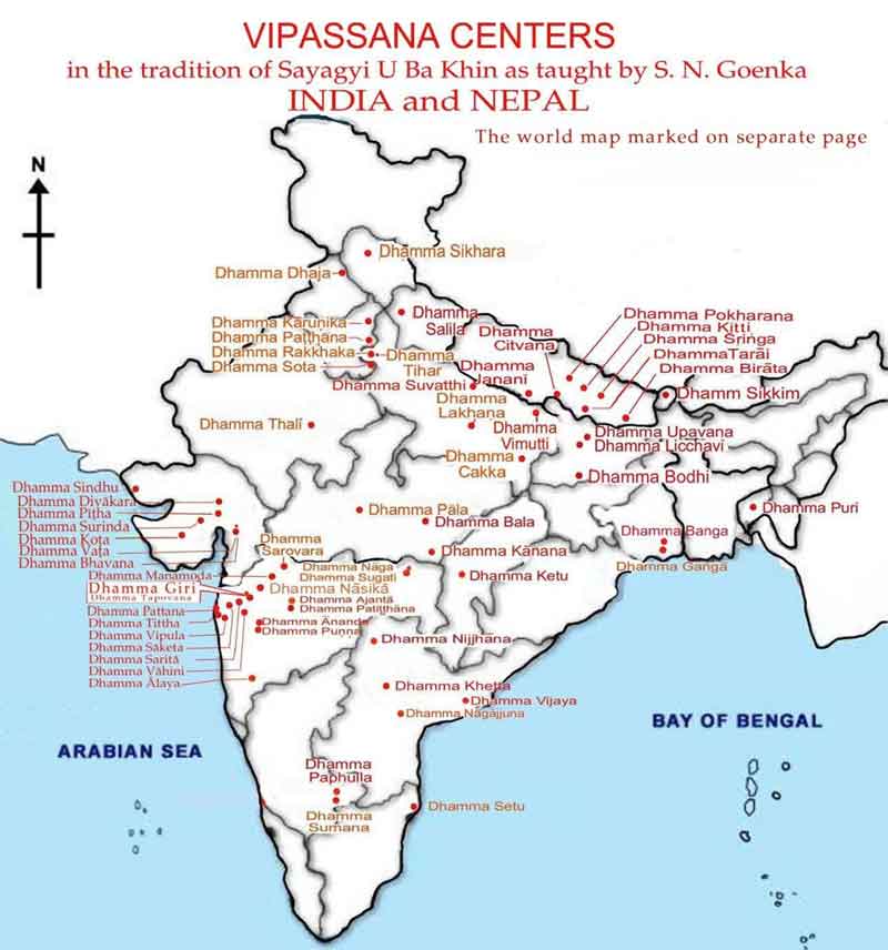 Map showing Vipassana Meditation Centres in India
