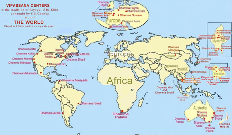 Map showing Vipassana Meditation Centres around the world
